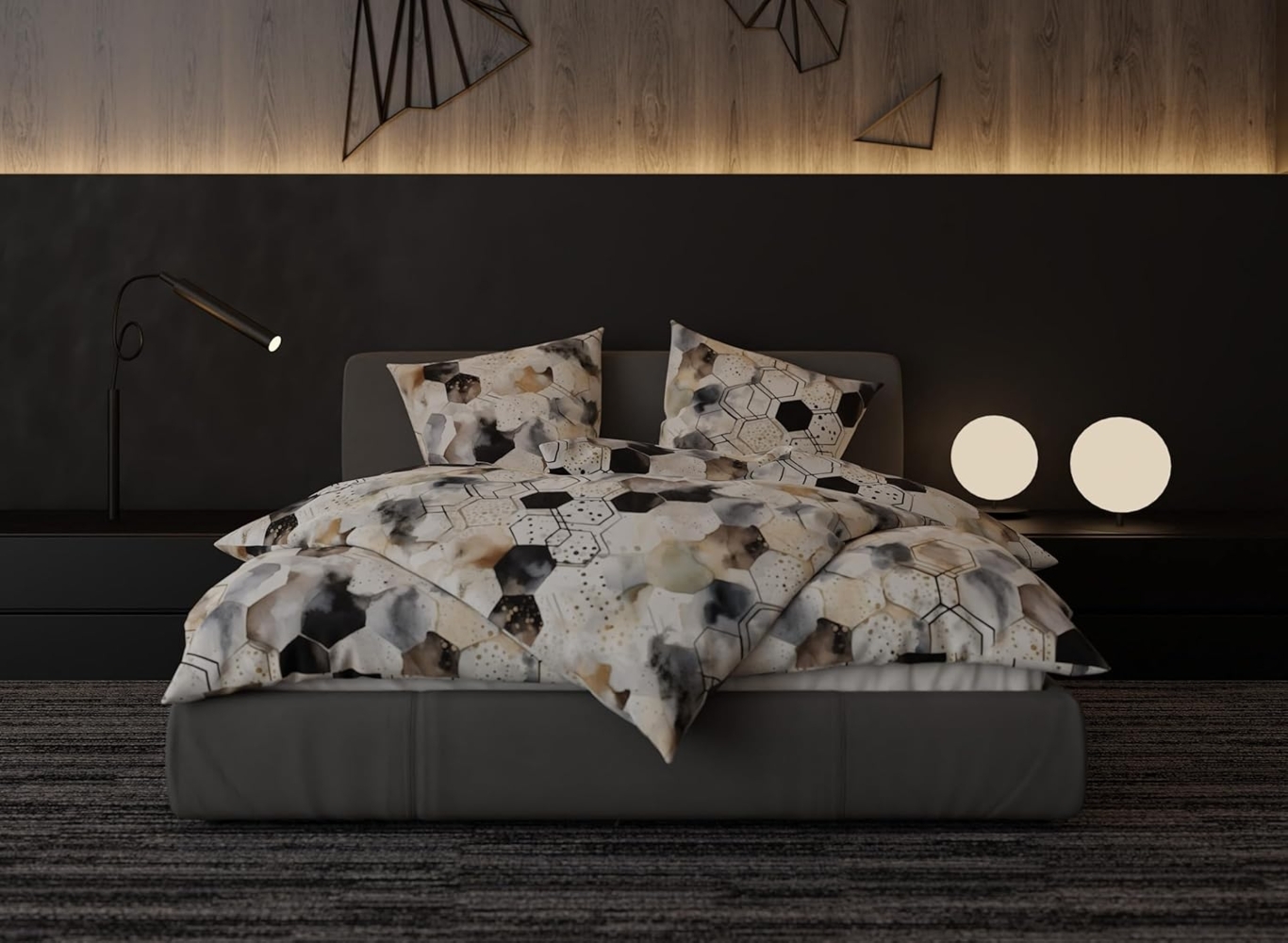 Mako Satin Bettwäsche Hexagon schwarz / braun Garnitur 135x220 + 80x80 Bild 1