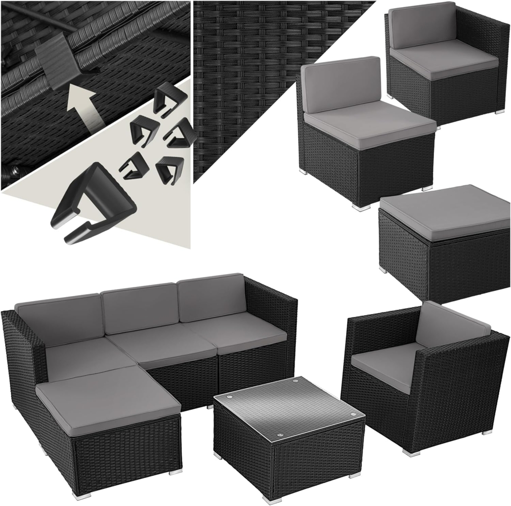 tectake® Poly Rattan Lounge, Outdoor Gartenmöbel Set mit Sofa, Sessel, Hocker und Tisch, variabel kombinierbar, Möbel wetterfest für 4-5 Personen, Balkonmöbel, Gartenlounge, Terrassenmöbel - schwarz Bild 1