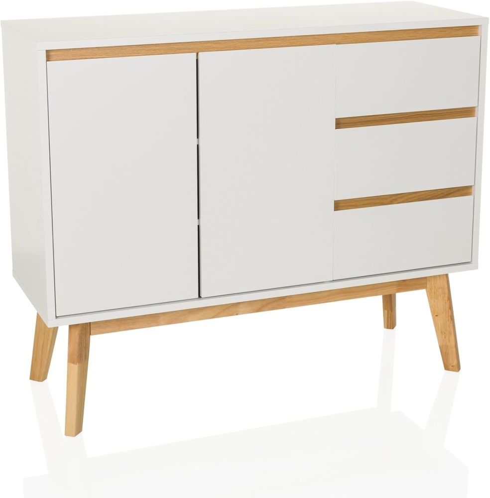 hjh LIVING Kommode mit 3 Schubladen, 2 Türen TAROLO I Sideboard im skandinavischen Stil, Soft-Close, griffloses Design, Schrank mit Holzbeinen, Weiß Bild 1