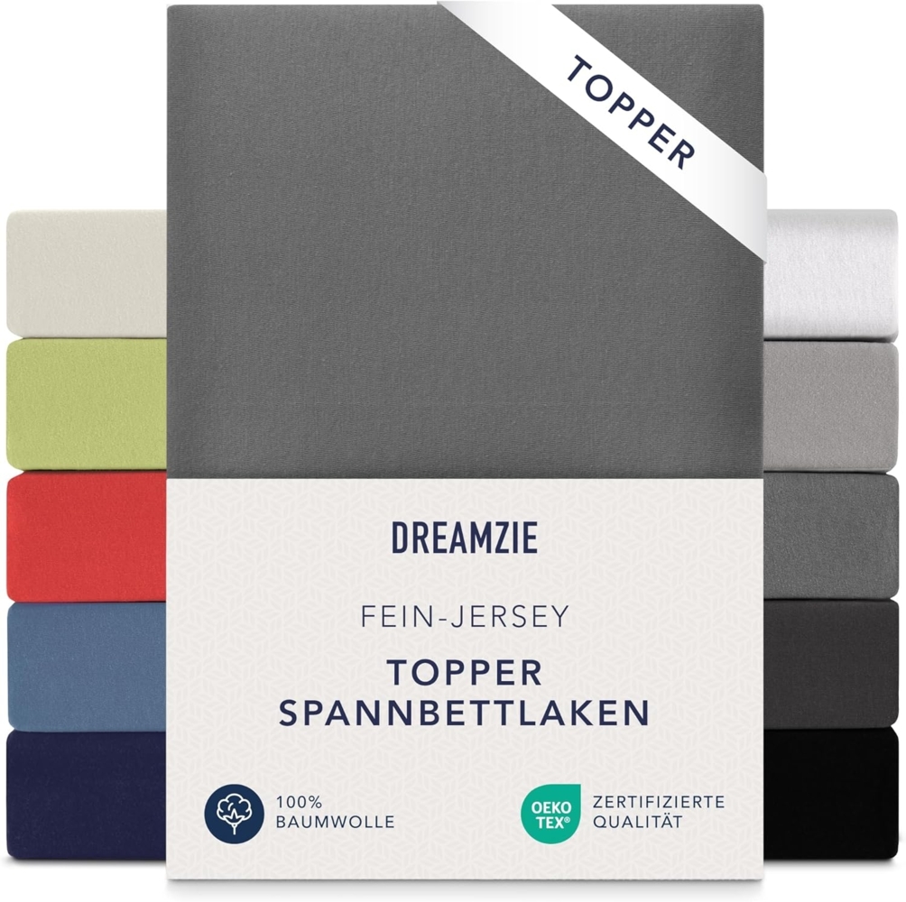 Dreamzie Premium Topper Spannbettlaken 140x200 cm - 160x200 cm - extra niedriger Seitenhöhe - für Boxspringbett - Topperauflage - Spannbetttuch Jersey Baumwolle, 150 g/m² - Oeko-TEX - Anthrazit Bild 1