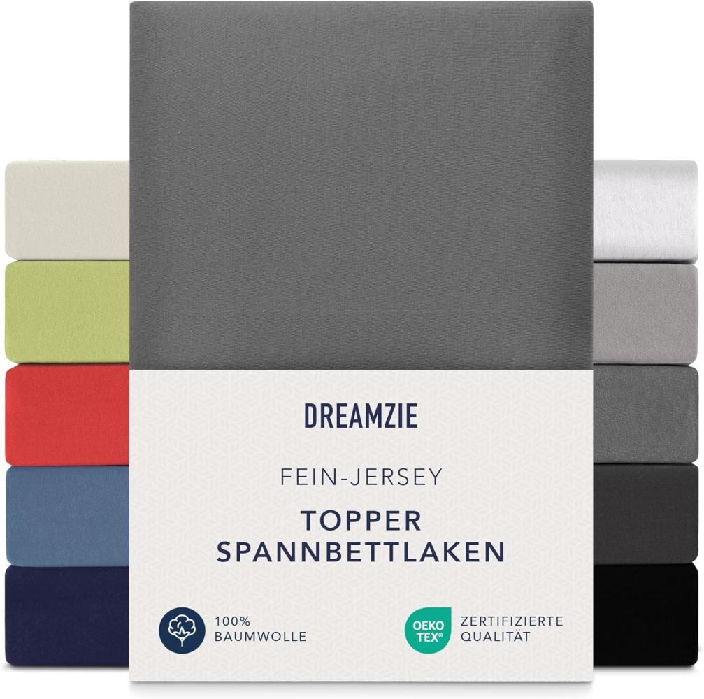 Dreamzie Premium Topper Spannbettlaken 140x200 cm - 160x200 cm - extra niedriger Seitenhöhe - für Boxspringbett - Topperauflage - Spannbetttuch Jersey Baumwolle, 150 g/m² - Oeko-TEX - Anthrazit Bild 1