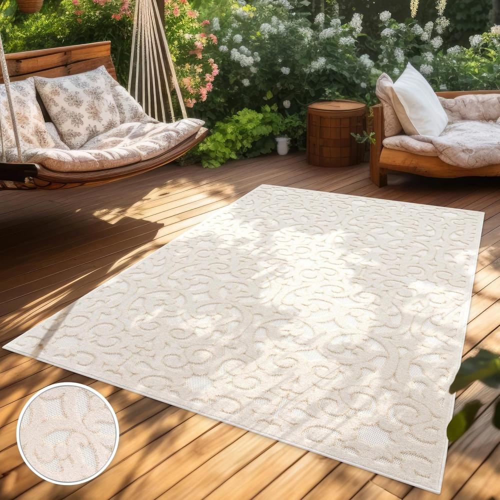 Paco Home Outdoor Teppich Wetterfest Balkon Wohnzimmer Skandinavisches Boho Muster Einfarbig Geometrisch 3D Effekt Moderne Deko, Grösse:80x250 cm, Farbe:Creme Bild 1