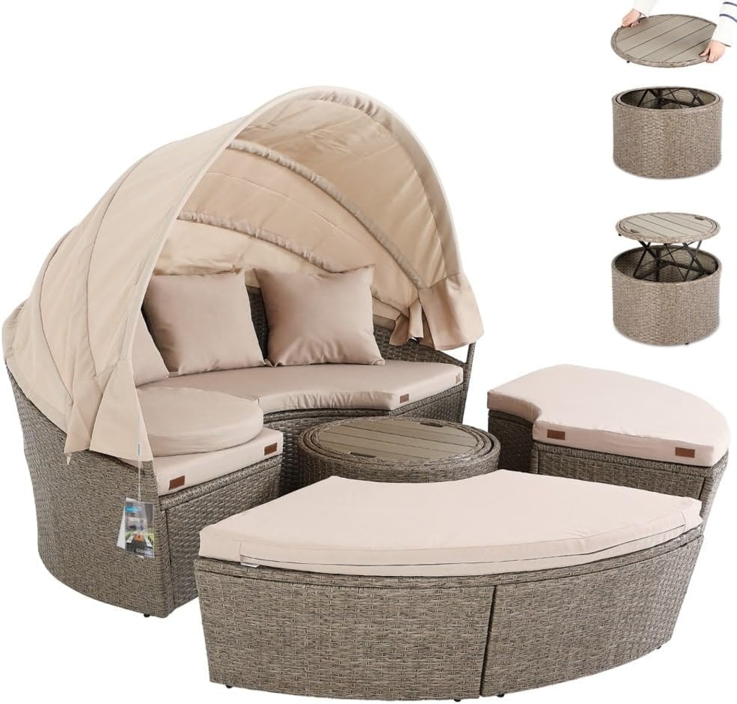 Casaria Sonneninsel Beige, Ø 185 cm Polyrattan Faltbares Dach WPC Tisch 7cm Auflagen 3 Kissen Bild 1