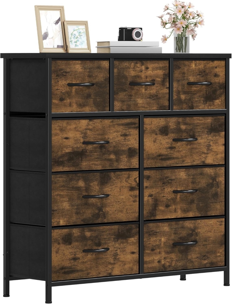 DWVO Kommode mit 9 Schubladen, Schrank aus Stoff mit Griffen, Metallgestell & MDF-Holzplatte, langlebig, für Schlafzimmer & Wohnzimmer,Rustikal Braun Bild 1