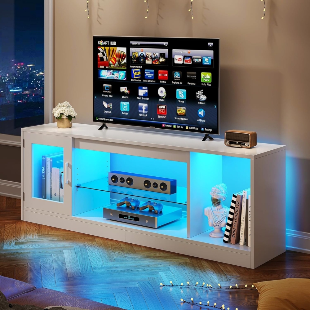 YITAHOME TV Schrank, TV Lowboard LED Weiß - Fernsehschrank Fernsehtisch mit RGB-LED-Leuchten Lowboard und Glasregal Fächern für 65 Zoll & kleinere TVs,für Wohnzimmer Schlafzimmer, B148 x H51 x T32 cm Bild 1