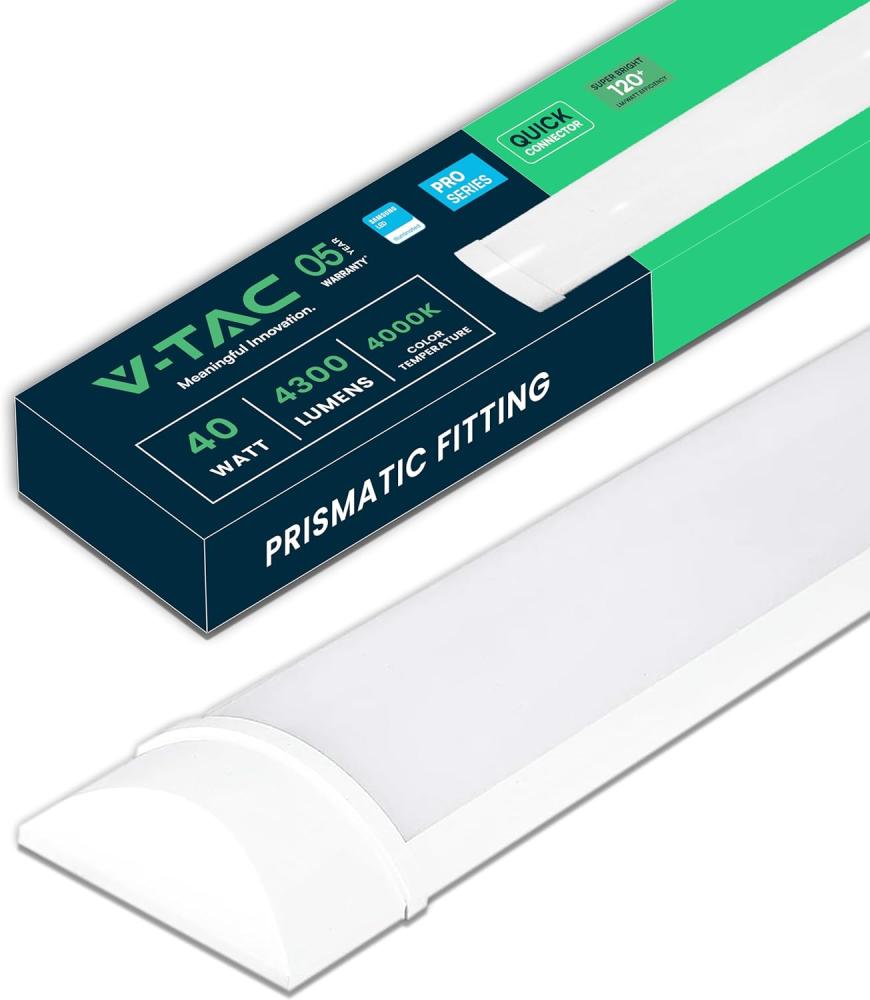 V-TAC Feuchtraumleuchte LED 120 CM - 40W - mit Samsung Chip - Rechteckige Lampe 4300 Lumen IP20 für Wand, Garage, Shop - LED Röhre - Prismatische Deckenleuchte LED - Licht 4000K Neutralweiß Bild 1