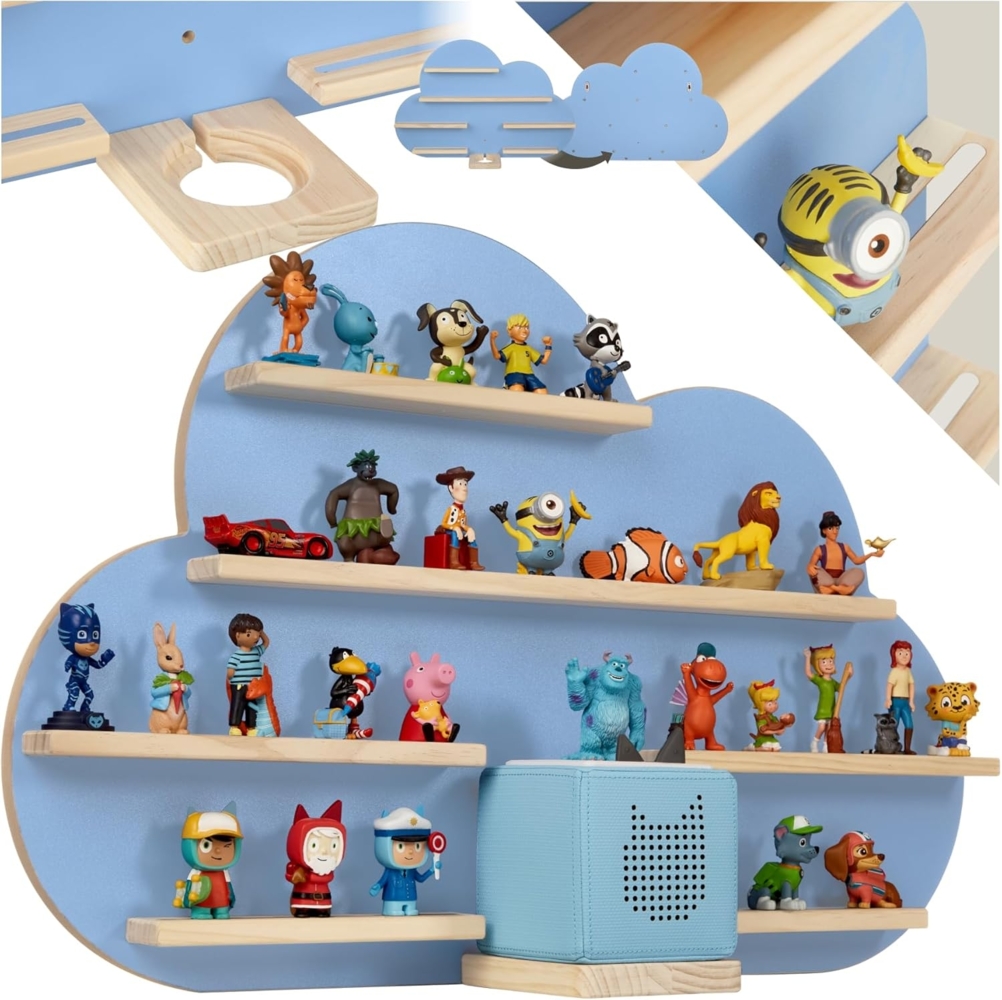 tectake® Holz Regal mit Magnetstreifen für Wand Montage, Tonieregal, Wandregal für's Kinderzimmer, Aufbewahrung Musikbox, für Tonies Tonie Hörfiguren und Toniebox - blau Bild 1