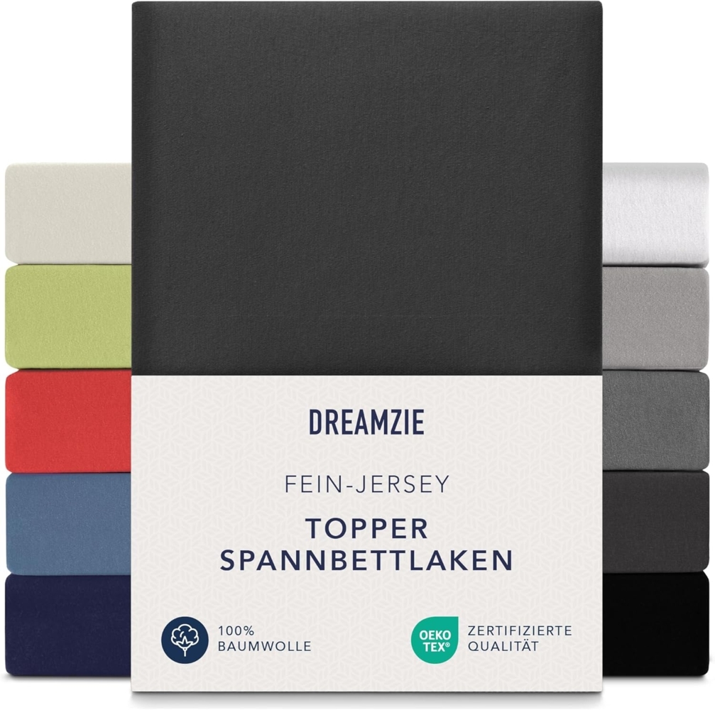 Dreamzie Premium Topper Spannbettlaken 90x200 cm - 100x200 cm - extra niedriger Seitenhöhe - für Boxspringbett - Topperauflage - Spannbetttuch Jersey Baumwolle, 150 g/m² - Oeko-TEX - Dunkelgrau Bild 1