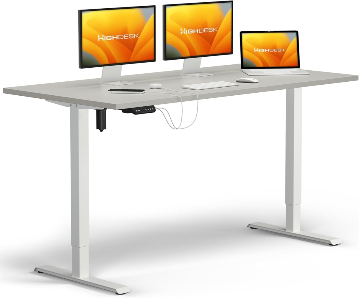 HighDesk SMART Höhenverstellbarer Schreibtisch (Weiß + Grau I 140x80 cm) - Elektrischer Sitz- & Stehtisch mit Tischplatte - Stehschreibtisch Elektrisch Höhenverstellbar - von Krieg Bild 1