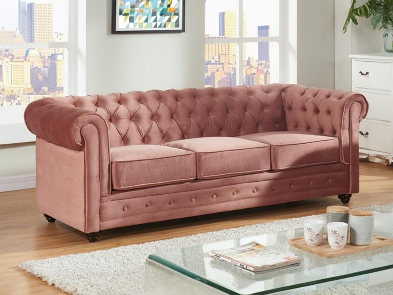 3-Sitzer-Sofa CHESTERFIELD - Samt - Rosa Bild 1