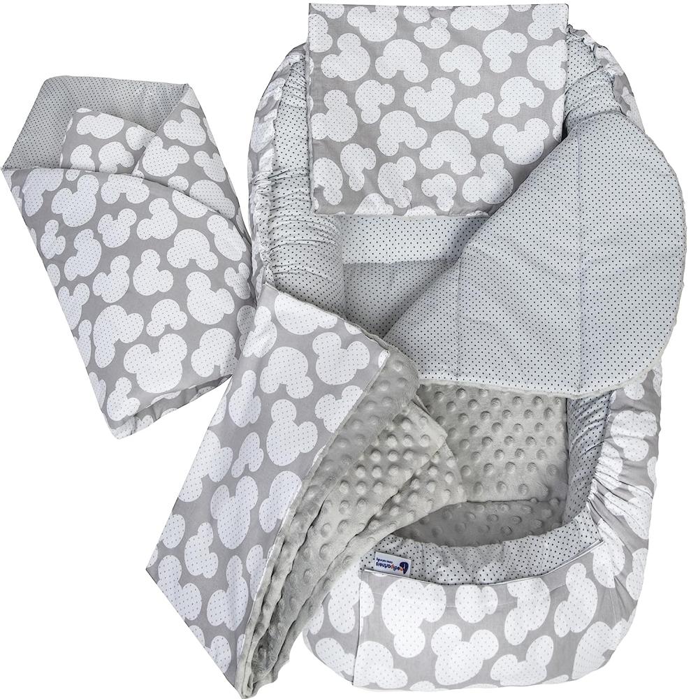 Medi Partners 5 teilig Babynestchen Set Babynest 100 x 60 x 15 herausnehmbarer Einsatz Bett Kuschelnest Krabbeldecke Babys Neugeborene 100% Baumwolle (Miki mit Grauen Minky) Bild 1