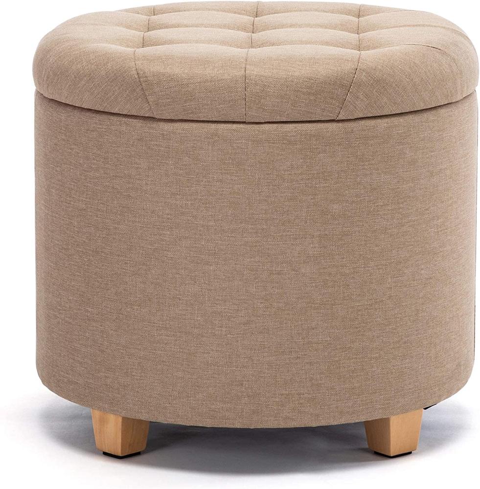HNNHOME Sitzhocker mit Stauraum, Sitz rund mit Deckel, Sitztruhe, Fußbank Truhen Aufbewahrungsbox, Leinen, 44 L, 45 x 45 x 41 cm, Beige Bild 1