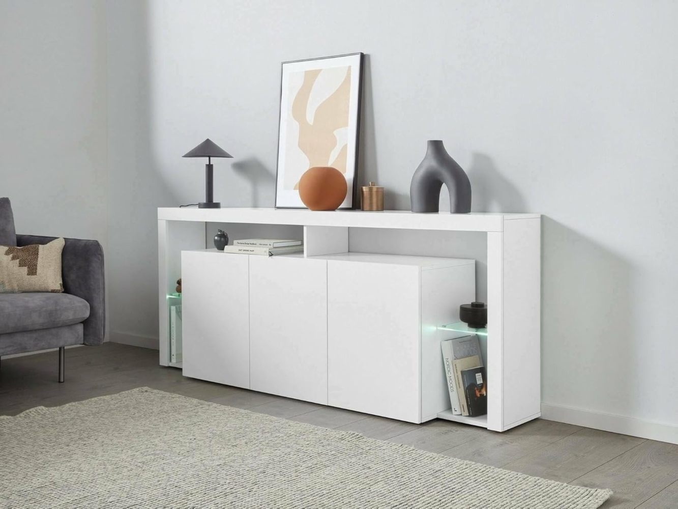 Dmora - Kommode Willer, 3-türiges Wohnzimmer-Buffet, Wohnzimmer-Kommode, modernes Kommode, 100% Made in Italy, 200 x 40 x 80 cm, glänzendes Weiß Bild 1