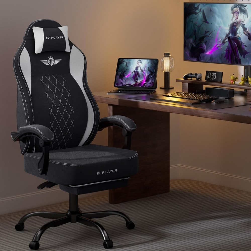 GTPLAYER Gaming-Stuhl aus Stoff, Bürostuhl mit Integrierte Lendenwirbelstütze, Bürostuhl, Gaming chair mit Federkissen und Fußstütze 136KG Bild 1