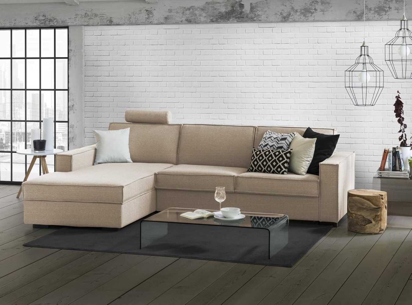 Talamo Italia Ecksofa Beatrice, Made in Italy, Drehbare Öffnung mit Matratze und Lattenrost, Halbinsel mit Stauraum links, mit schmalen Armlehnen, Cm: 260x95h90, Farbe Beige Bild 1