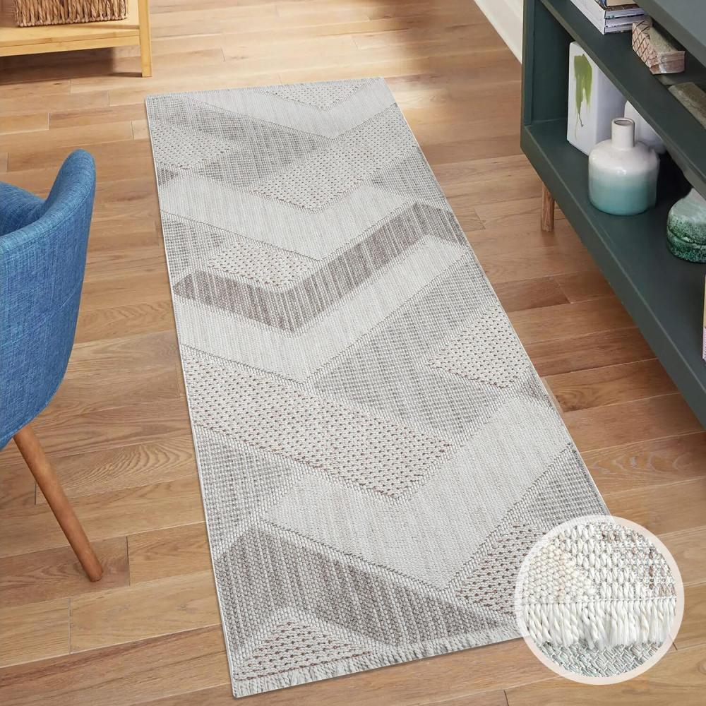 carpet city Teppich-Läufer Kurzflor Flur - Beige, Grün - 80x300 cm - Teppiche Fransen Boho-Style - Geometrisches Muster - Schlafzimmer, Wohnzimmer Bild 1