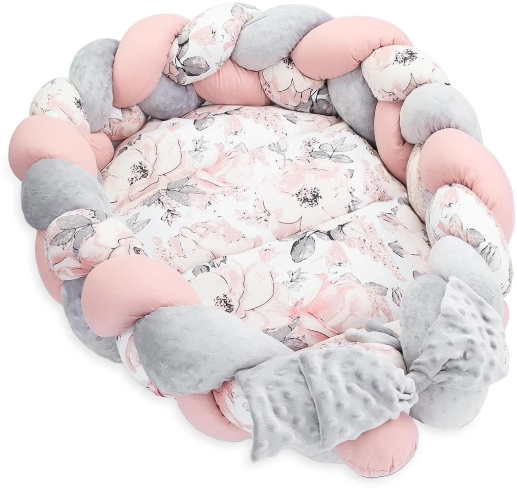 Babynest Neugeborene Nestchen Baby – Minky Kuschelnest mit Zopf Kissen zerlegbares Set zweiseitig Babynestchen Babybett 75x45 cm, Wilde Rose Bild 1