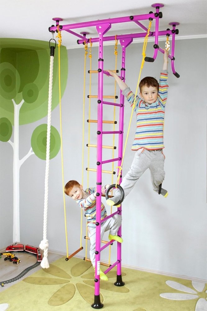 NiroSport Sprossenwand für Kinderzimmer M1 aufbau ohne bohrungen Made in Germany Holzsprossen Rosa Raumhöhe 220 - 270 cm Bild 1