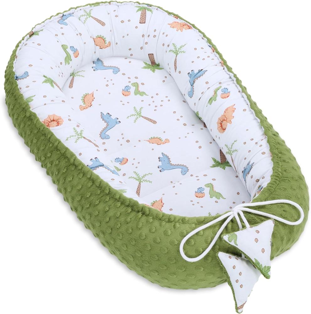 Warmes Nestchen Baby 90x50 cm - Kuschelnest Neugeborene Nestchen Winter/Herbst Kokon Babynest Dinosaurier Grün Bild 1