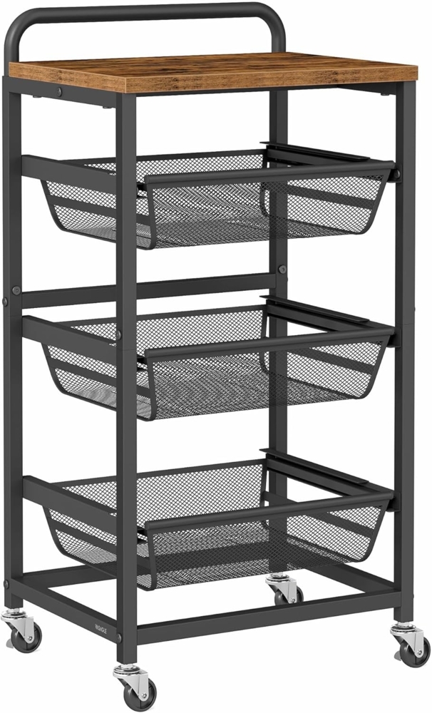VASAGLE Servierwagen mit 4 Ebenen, Rollwagen mit herausziehbaren Körben, auf Rollen, 31,7 x 40 x 76 cm, vintagebraun-tintenschwarz Bild 1