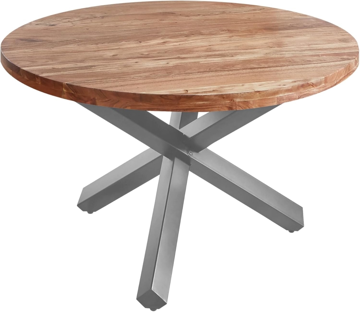 SAM Runder Esszimmertisch 120 cm Runa, Akazienholz massiv, Esstisch naturfarben, Sternfuß aus Metall Silber, Holztisch mit aufgedoppelter Tischplatte 50mm (25+25mm), FSC® 100% Zertifiziert Bild 1