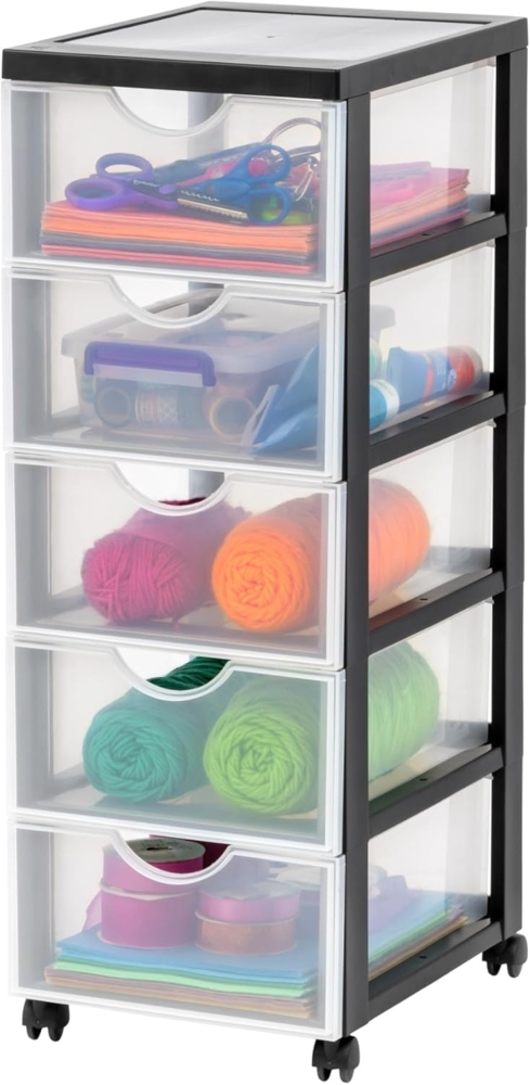 Iris Ohyama Kunststoff-Schubladenbox mit Rollen, 5 tiefen Schubladen, Schwarz, Griffe zum Ziehen, Für Schlafzimmer, Bad, Schule & Büro, BPA-frei, Schubladenschrank, Rollcontainer, A4 Drawer, DDDC-005 Bild 1