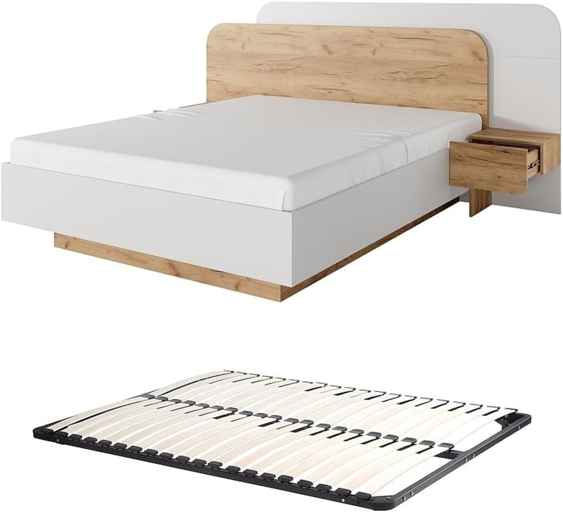Vente-unique - Bett mit Nachttischen + Lattenrost - 160 x 200 cm - Mit LED-Beleuchtung - Holzfarben & Weiß - DESADO Bild 1