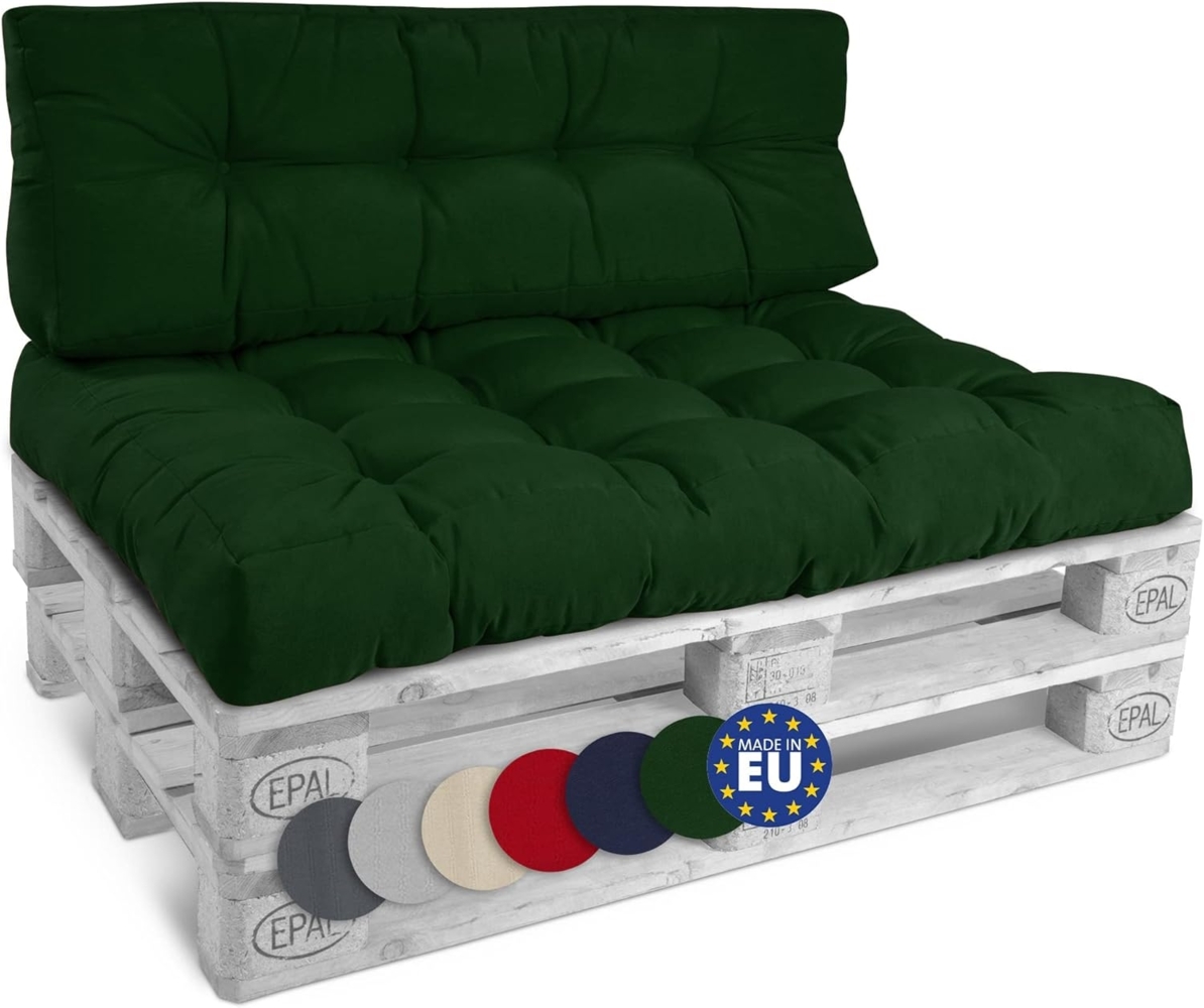 Beautissu Set Palettenkissen Outdoor 1x Sitzkissen 120x80 cm & 1x Rückenkissen 120x40 cm – Auflagen für Paletten Europaletten Palettensofa Lounge Kissen Palettenmöbel Palettenpolster Grün – Style Bild 1