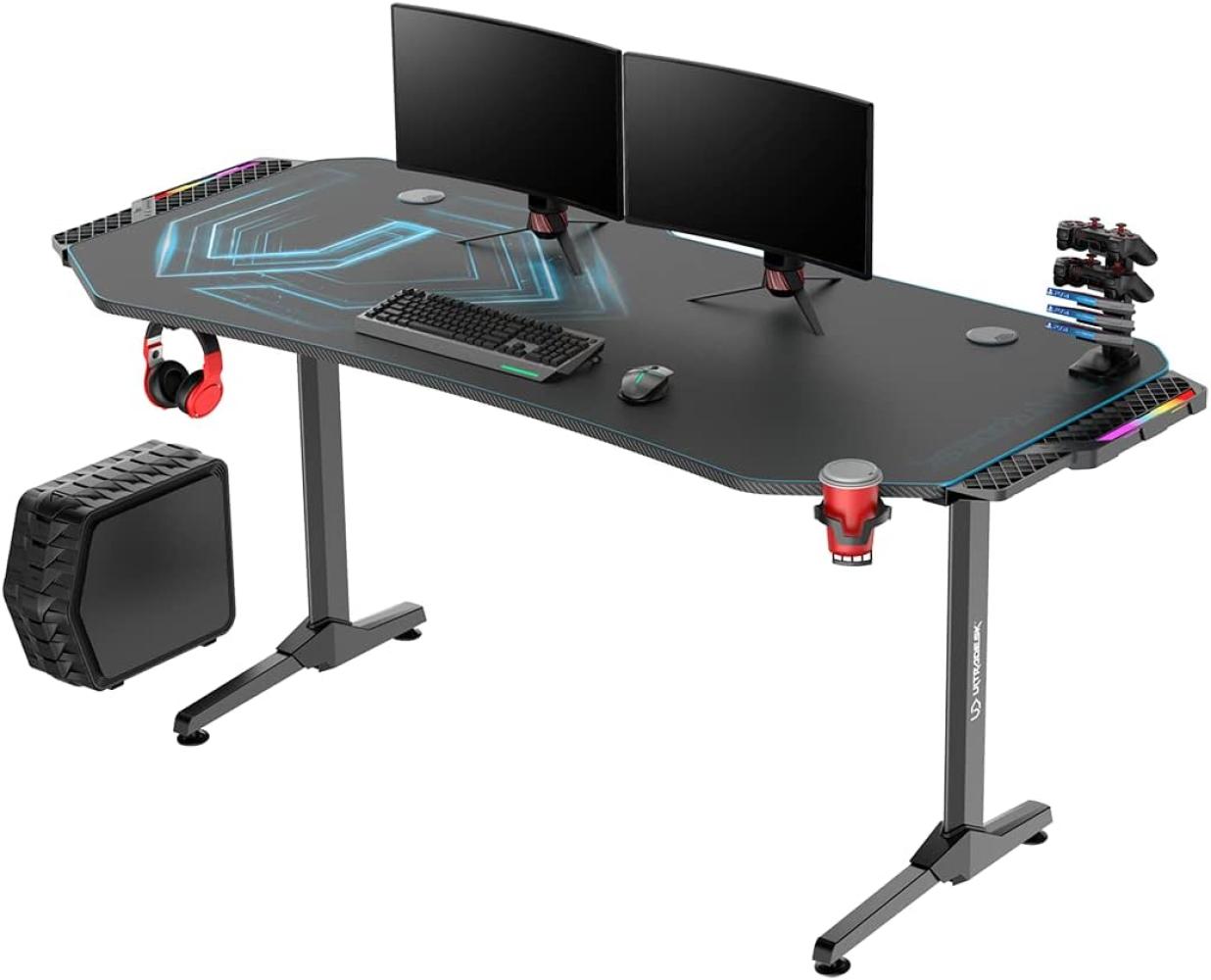 ULTRADESK Frag XXL RGB LED | Gaming-Schreibtisch mit großer Arbeitsfläche & XXL-Pad, 2 Kabeldurchlässe | Gut für Home Office, Fach für Steckdosenleisten | Stahlgestell, Blaues Pad, 160x75 cm Bild 1