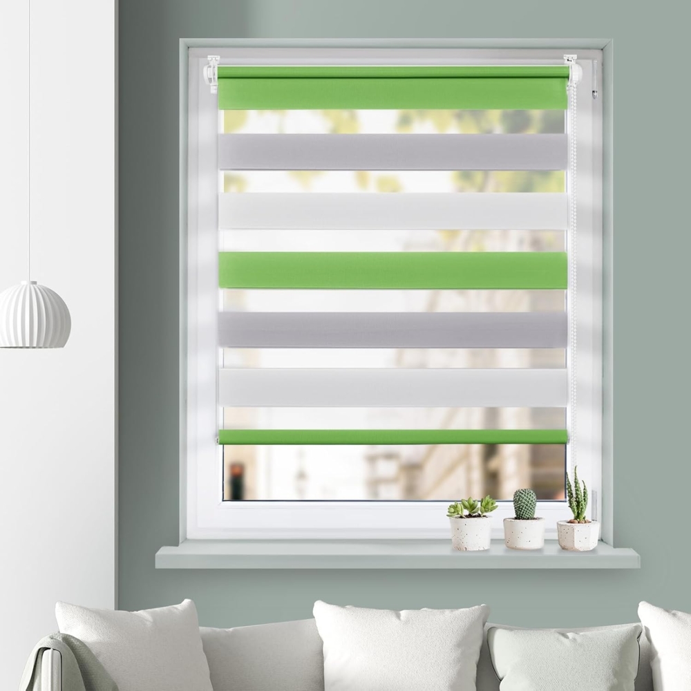 Grandekor Doppelrollo Klemmfix ohne Bohren Grün-Grau-Weiß 55x150cm(Stoffbreite 51cm) Fenster Rollos für innen Klemmrollos Duo Rollos für Fenster ohne Bohren mit Bohren Privatschutz Zebrarollo Bild 1