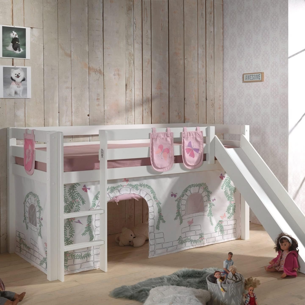 Vipack 'Pino' Spielbett weiß, inkl. Rutsche mit Vorhang 'Birdy' und 3 Taschen Bild 1