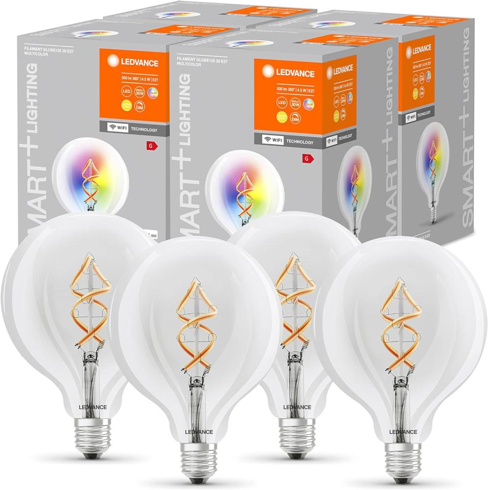 LEDVANCE Smarte LED-Lampe mit Wifi Technologie, E27, RGB, Globeform, Farbiges Filament als Stimmungslicht, Ersatz für herkömmliche 60W-Glühbirnen, steuerbar mit Alexa, Google & App, 4er-Pack Bild 1