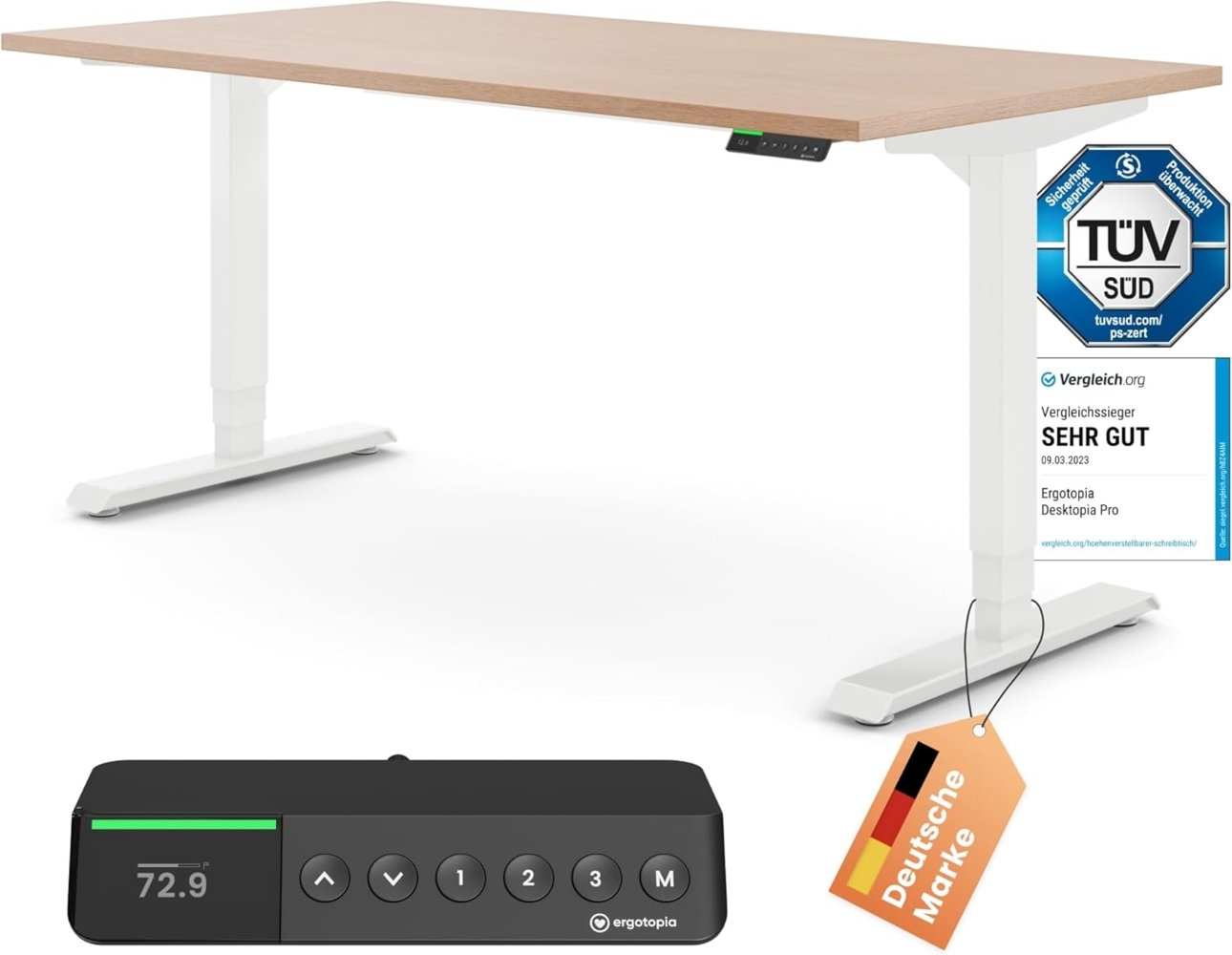 Desktopia Pro X - Elektrisch höhenverstellbarer Schreibtisch / Ergonomischer Tisch mit Memory-Funktion, Buche, Gestell Weiß, 160x80 cm Bild 1