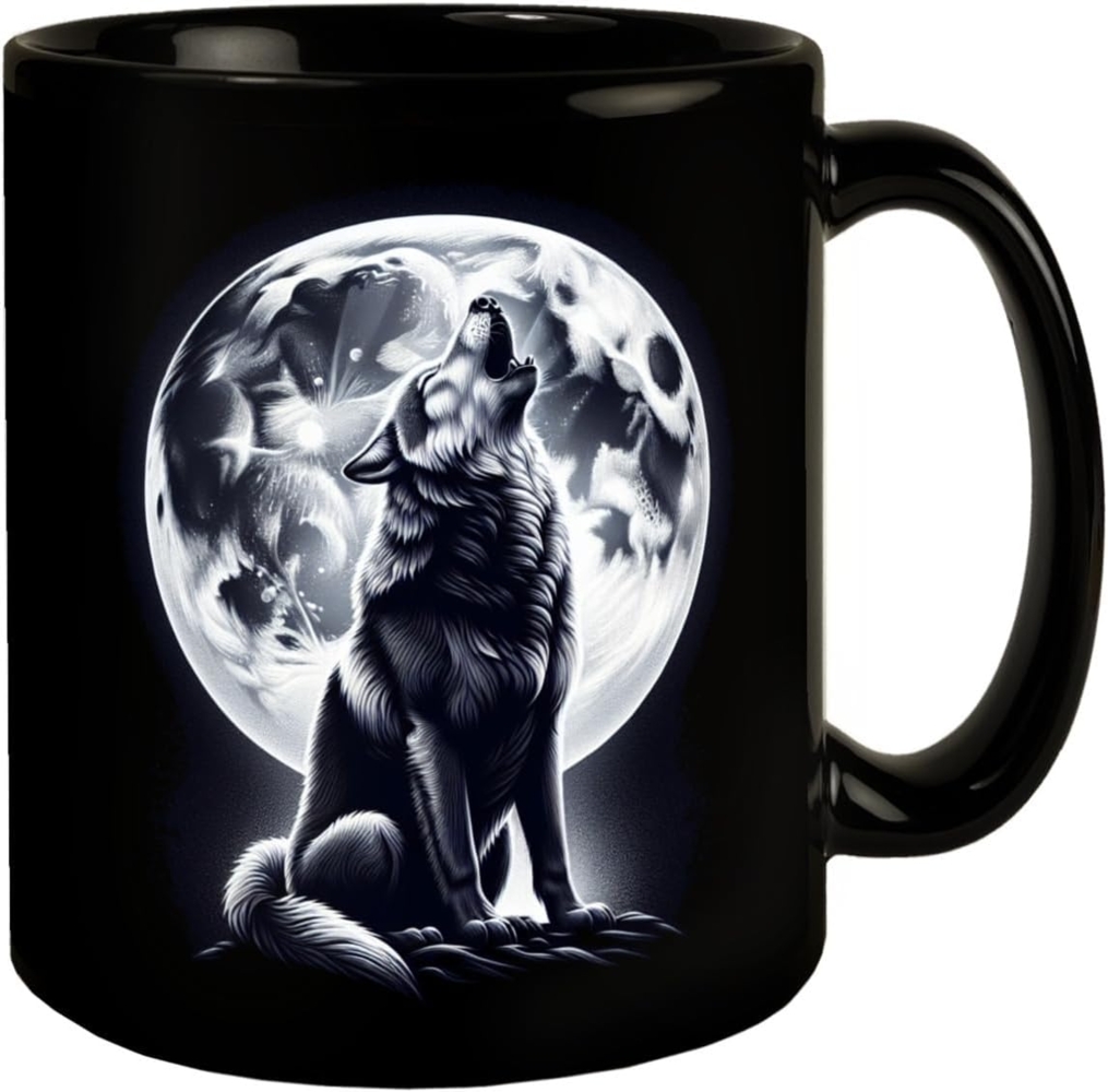 speecheese Tasse Sitzender Wolf im Mondschein Tasse in Schwarz Bild 1