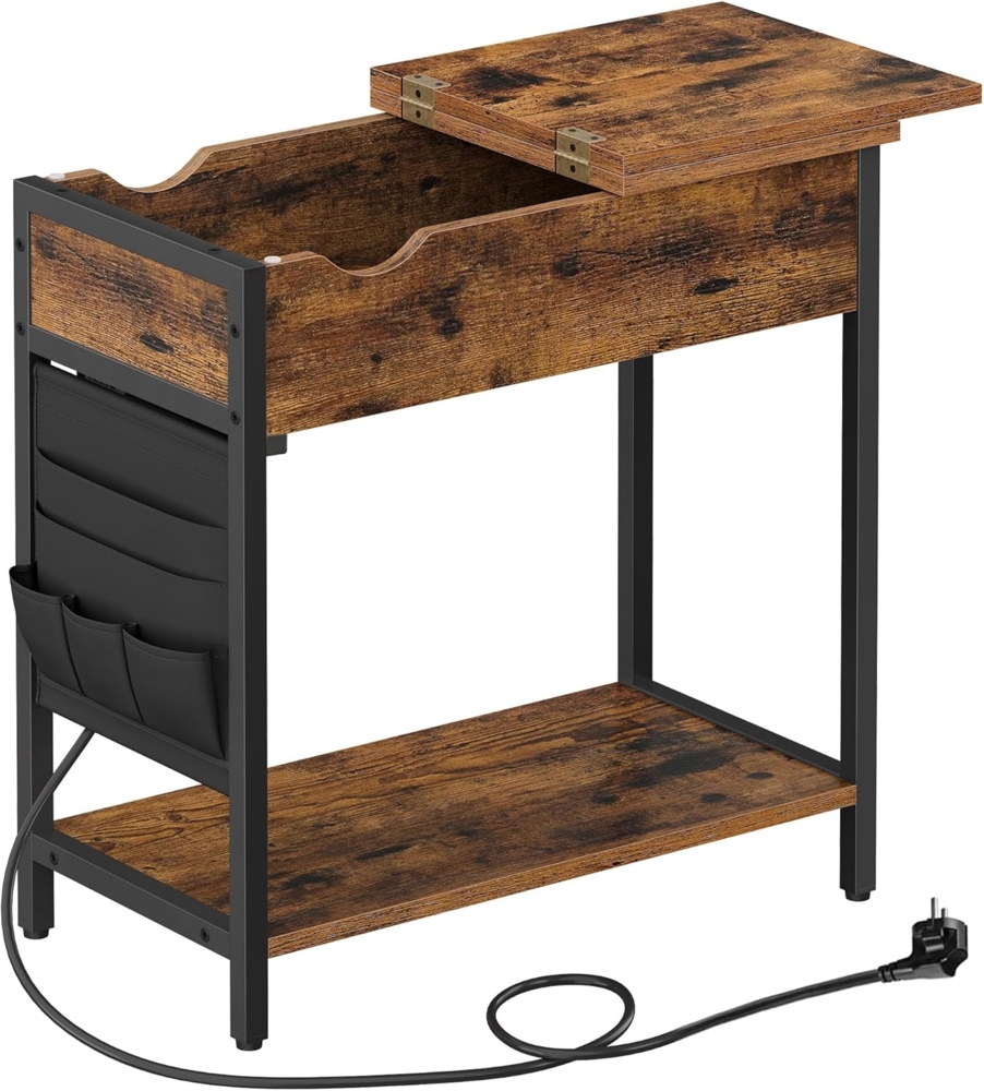 Vasagle Beistelltisch, Klapptisch, Nachttisch, mit Steckdosen, klappbare Tischplatte, mit Ablage und Stofftasche, für Wohnzimmer, Schlafzimmer, vintagebraun-schwarz von Songmics LET311B01 Bild 1