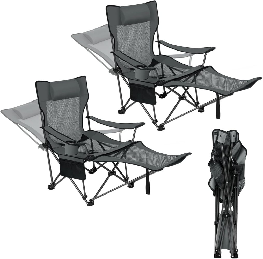 eSituro Faltstuhl Klappstuhl Campingstuhl klappbar, 2er Set, bis 150 kg, Angelstuhl Anglersessel faltbar, Campingliege mit Getränkehalter & Tragetasche, Grau Bild 1
