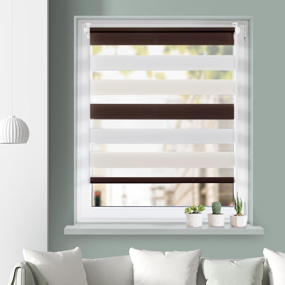 Grandekor Doppelrollo Klemmfix ohne Bohren Weiß-Beige-Braun 65x150cm(Stoffbreite 61cm) Fenster Rollos für innen Klemmrollos Duo Rollos für Fenster ohne Bohren mit Bohren Privatschutz Zebrarollo Bild 1