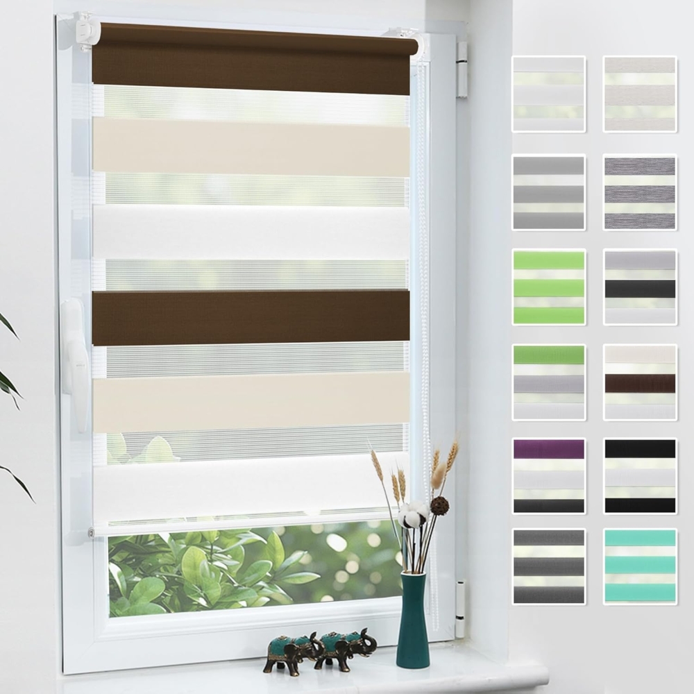 Grandekor Doppelrollo Klemmfix ohne Bohren Weiß-Beige-Braun 65x150 cm(Stoffbreite 61cm) Fenster Rollos für innen Klemmrollos Duo Rollos für Fenster ohne Bohren mit Bohren Privatschutz Zebrarollo Bild 1