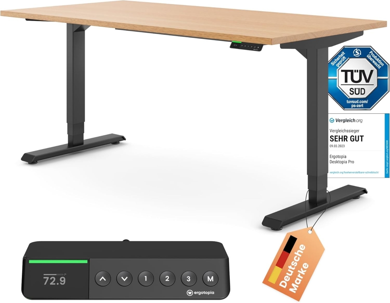 Ergotopia® Desktopia Pro X: elektrisch höhenverstellbarer Schreibtisch, 7 Jahre Garantie, ergonomischer Bürotisch, 9 Speicherplätze & smarte Reminder Funktion (180x80 cm, S, Massivholz Buche) Bild 1