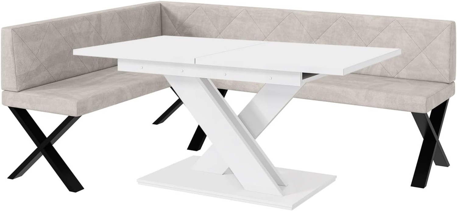 MEBLINI Eckbank für Esszimmer mit ausziehbarem Tisch - Küchenbank - Essecke - Sitzecke Küche - ERIC - X-Beine 142 x 196 x 87 cm Links - Beige Samt/B Weiß Matt Bild 1