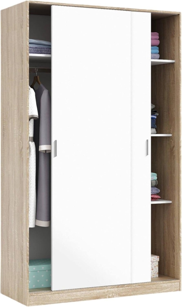 Dmora Kleiderschrank mit zwei Schiebetüren und drei Einlegeböden, Eichenfarbe und Mattweiß, Maße 120 x 200 x 50 cm Bild 1