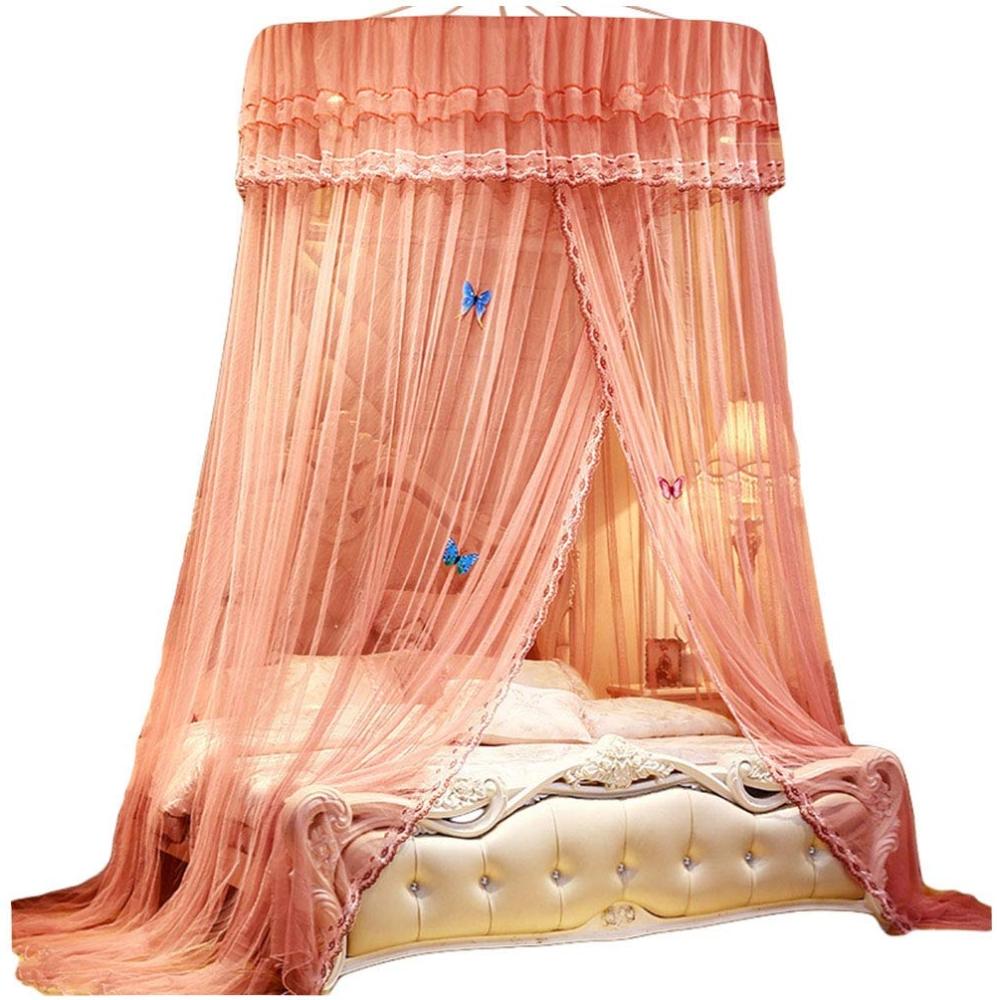 Kaiyei Moskitonetz Universal Himmelbett für Doppel, Einzel, Kinderbetten, Prinzessin Betthimmel Rund mit Klebehaken Schlafzimmer Schmetterling Dekoration Romantisch Palast Altrosa 180cm×200cm Bild 1