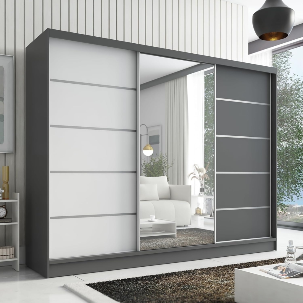 Schwebetürenschrank AVIRA 1 3-türig Schrank 200 cm (mit Spiegel) Farbe: Graphit , Weiß Bild 1
