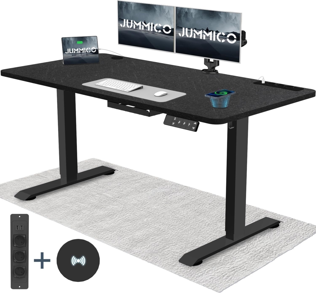 JUMMICO Höhenverstellbarer Schreibtisch mit Kabelloser Ladestation und Euro-Steckdose mit USB, Schreibtisch Höhenverstellbar Elektrisch Stehtisch, Standing Desk (Schwarze Felsplatte 140x70 cm) Bild 1