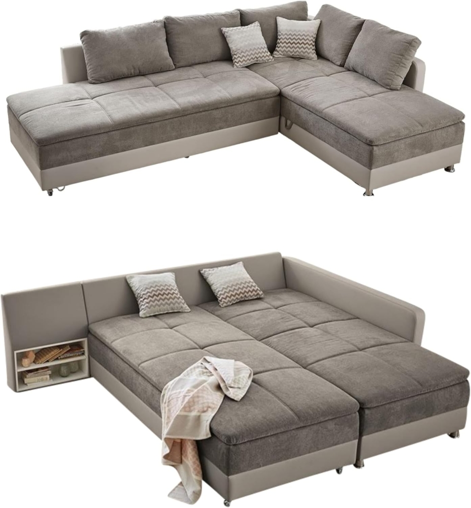 luma-home Ecksofa 15101, Dauerschläfer-Doppelbett 306x223 cm, Schwenkteil links, Bettkasten, Regal, Boxspring, Federkern, Wellenunterfederung, Topper, Mikrofaser Grau Braun/Kunstleder Beige Bild 1