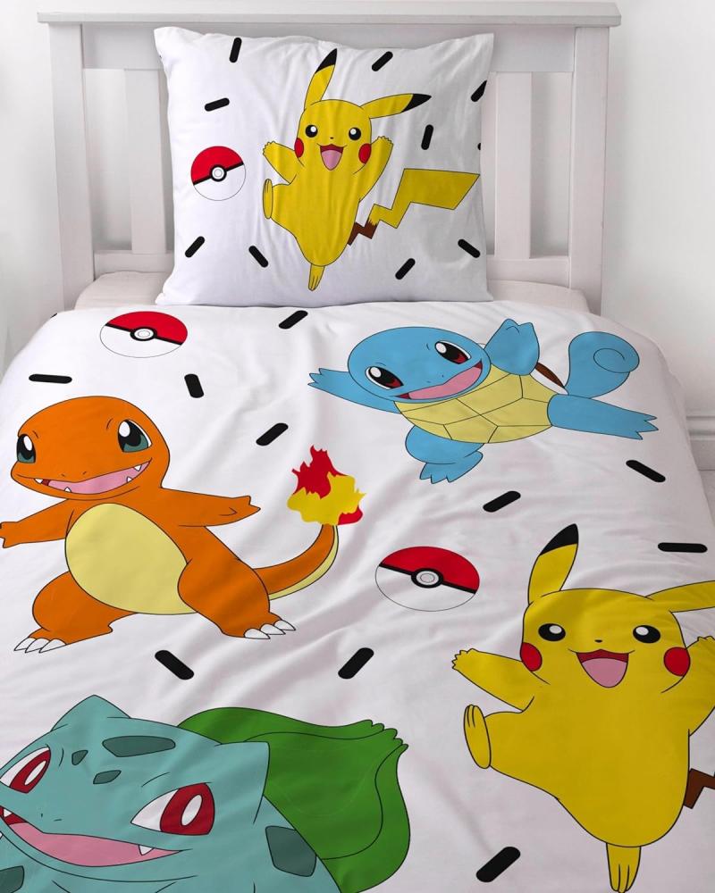 MTOnlinehandel Bettwäsche Pokémon 135x200 + 80x80 cm, 100 % Baumwolle Biber oder Renforcé, Flanell, 2 teilig, Pikachu & Friends Game für Kinder, Teenager, Jugend Bild 1