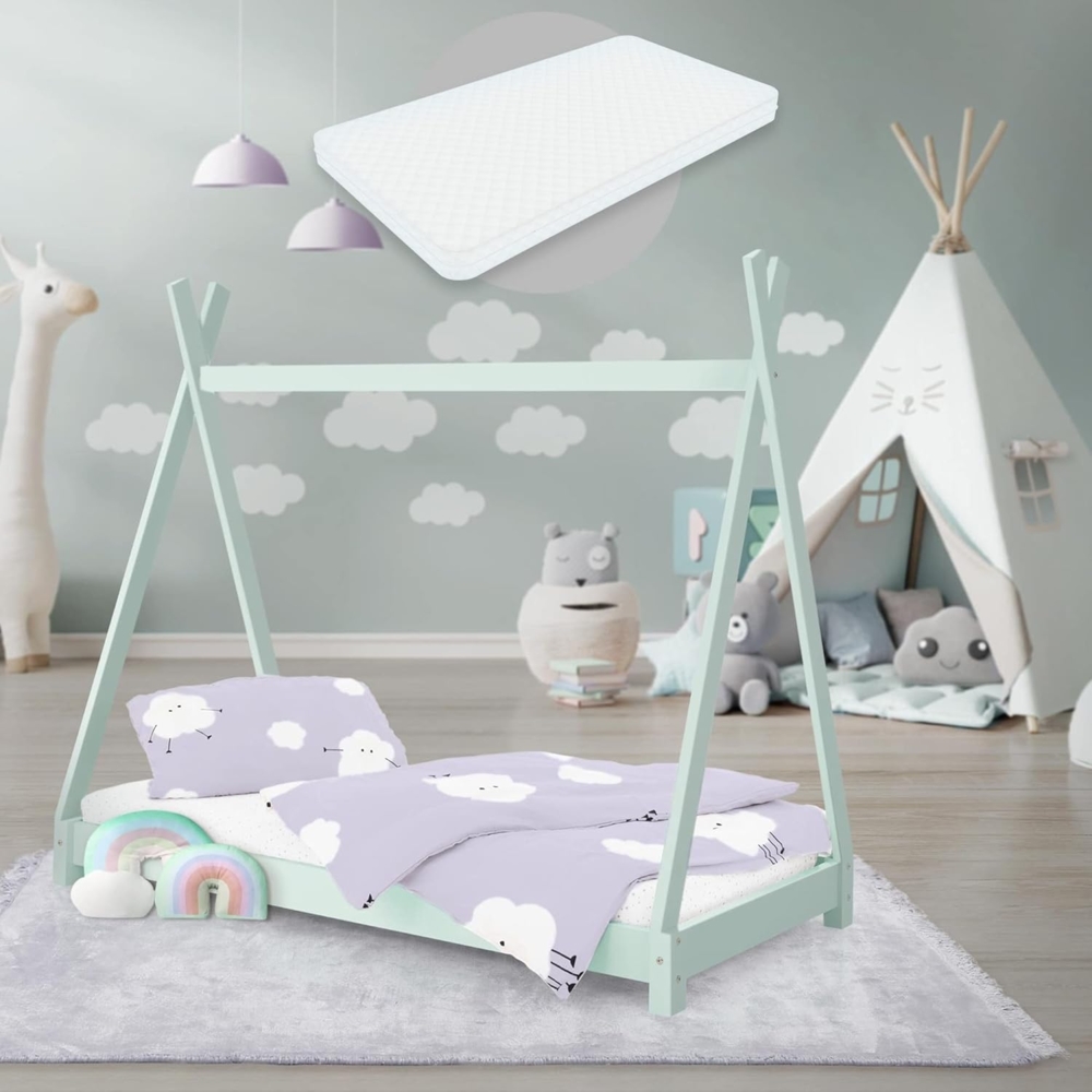 ML-DESIGN Kinderbett Hausbett Tipi Zeltbett inkl. Lattenrost Bodenbett Kinder Himmelbett, Abenteuerbett zum Spielen Zelt Spielbett Kiefer Bettenhaus Bett Mint Bild 1