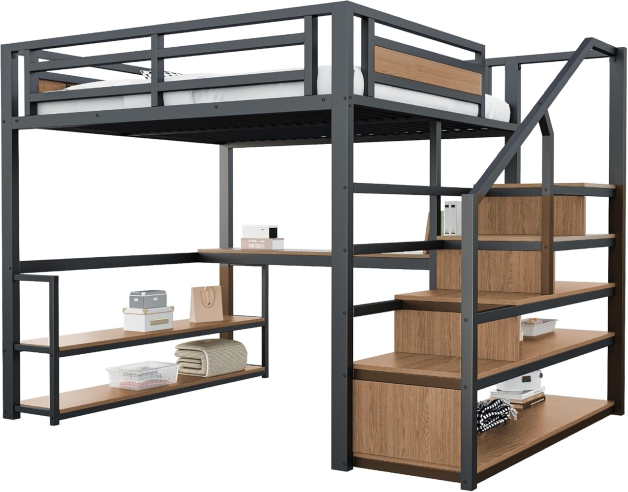 Odikalo Hochbett Jugendbett Aufbewahrungsleiter Regalen Tisch Metallplanken 140*200cm Bild 1