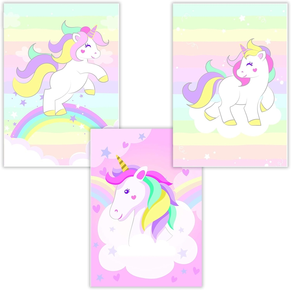 WIETRE® 3er Set Einhorn Bilder Kinderzimmer Babyzimmer Deko | Bild Mädchen Rosa Poster DIN A4 | Unicorn Einhörner Geschenk Tiere Tierposter Girls | Regenbogen Dekoration - ohne Rahmen Bild 1