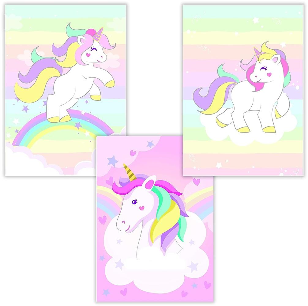 WIETRE® 3er Set Einhorn Bilder Kinderzimmer Babyzimmer Deko | Bild Mädchen Rosa Poster DIN A4 | Unicorn Einhörner Geschenk Tiere Tierposter Girls | Regenbogen Dekoration - ohne Rahmen Bild 1